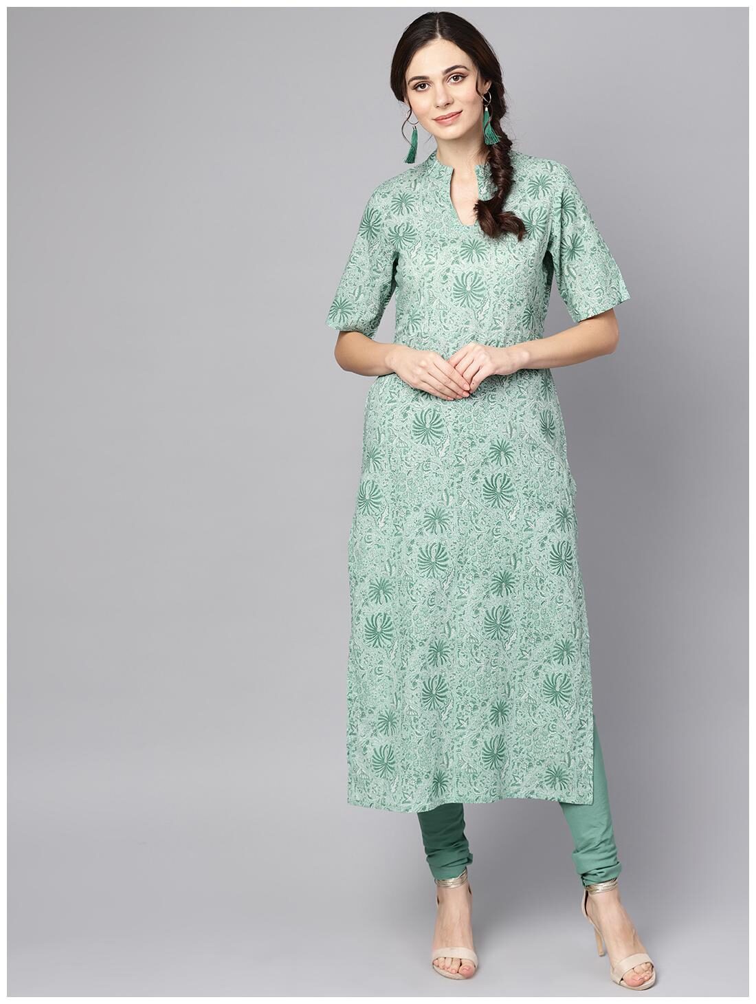 

AASI- HOUSE OF NAYO Women Green Printed Straight Kurta