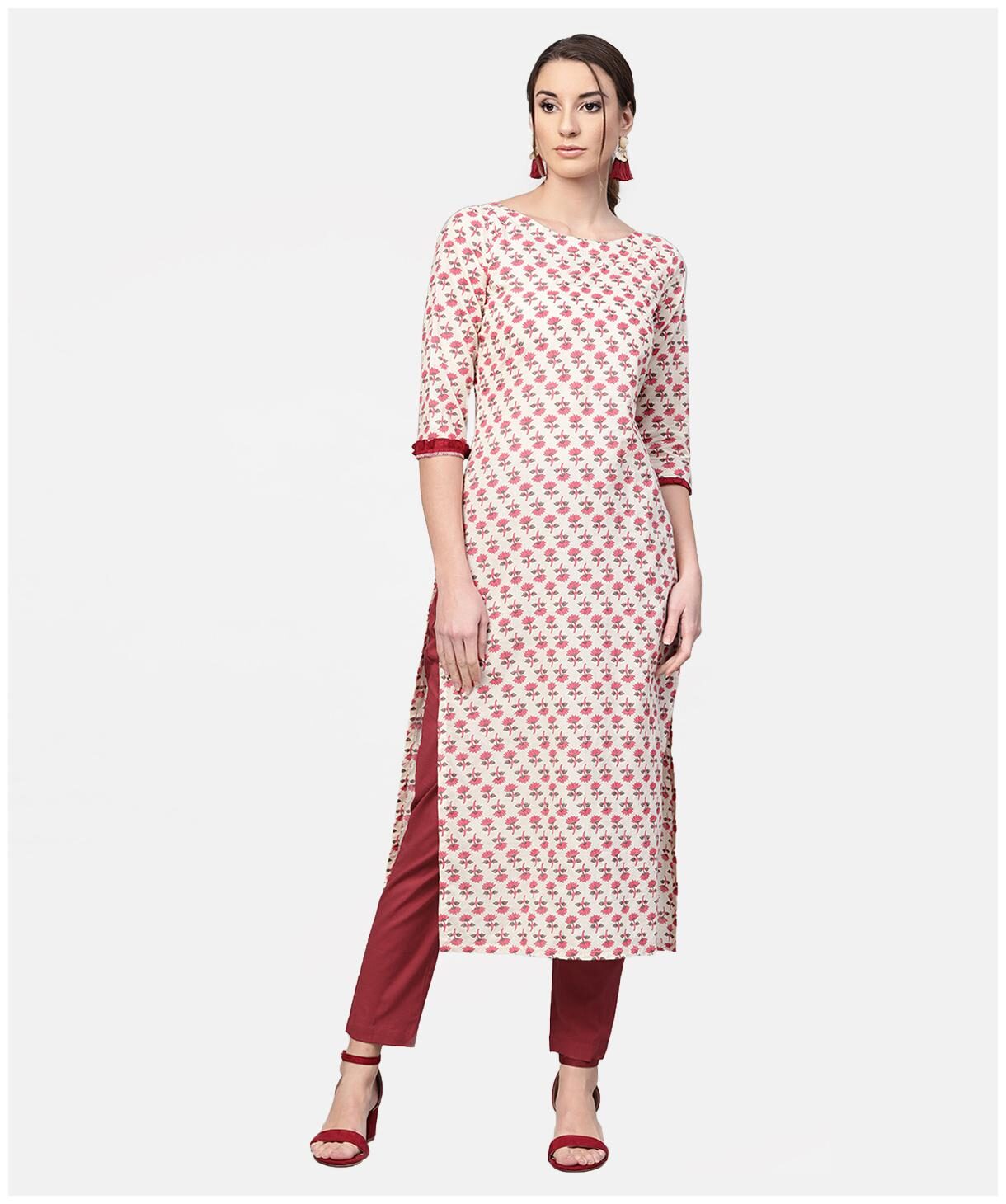 

AASI- HOUSE OF NAYO Women Off White Floral Straight Kurta With Trousers