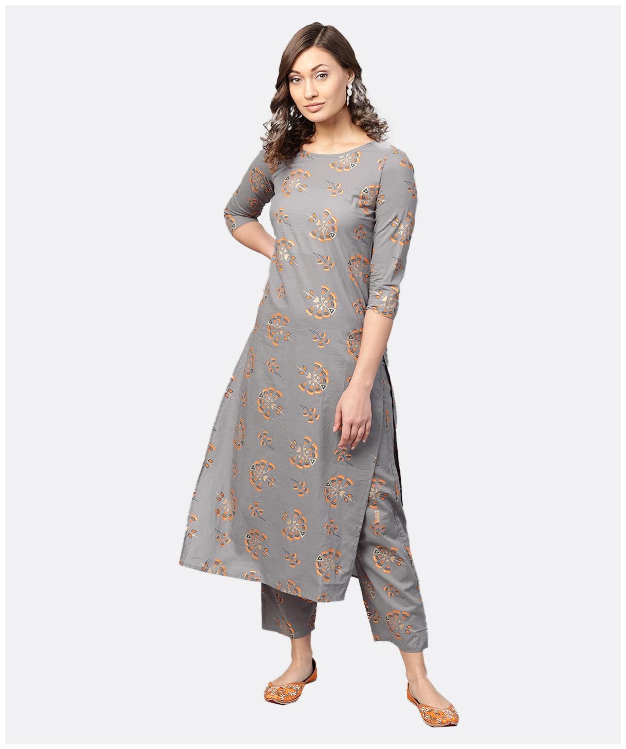 

AASI- HOUSE OF NAYO Women Grey Printed Straight Kurta With Trousers
