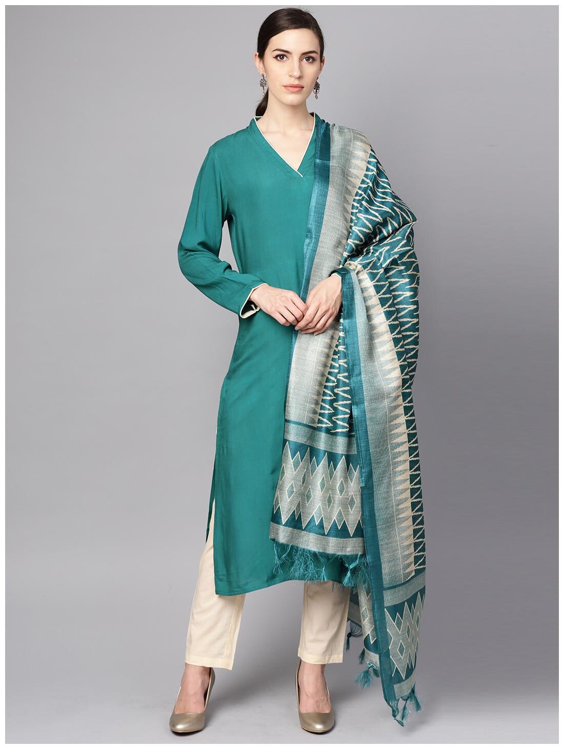 

AASI- HOUSE OF NAYO Women Turquoise Cream Solid Straight Kurta With Palazzo And Dupatta