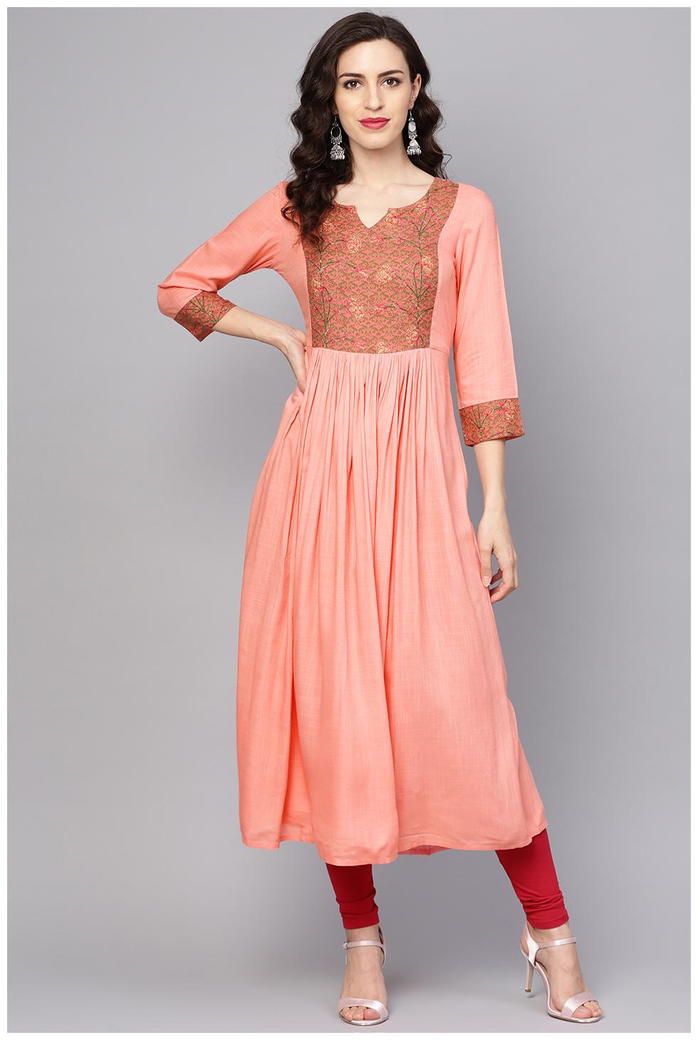 

AASI- HOUSE OF NAYO Women Peach Printed Fit and Flare Kurta