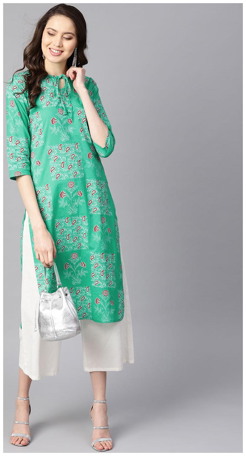 

AASI- HOUSE OF NAYO Women Green Floral Straight Kurta