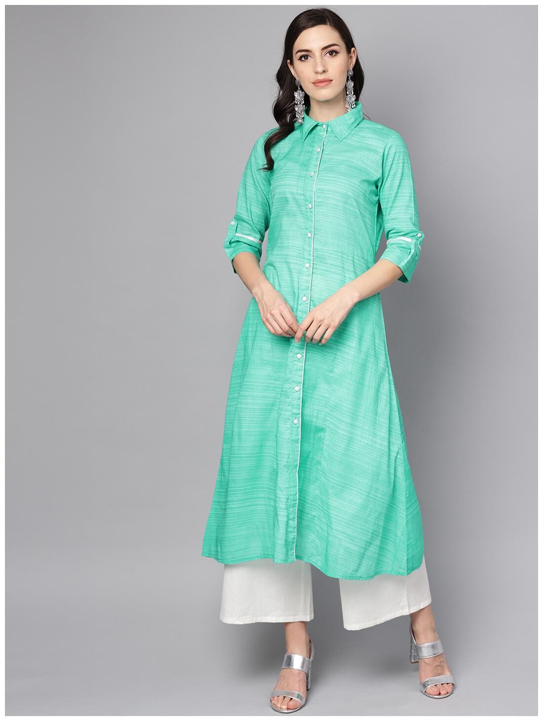 

Aasi- House Of Nayo Women Cotton Solid Flared Fit Kurta (Green)