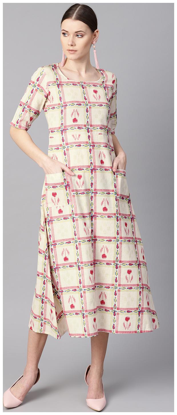 

AASI- HOUSE OF NAYO Cotton Printed Anarkali Kurti Dress- Off White