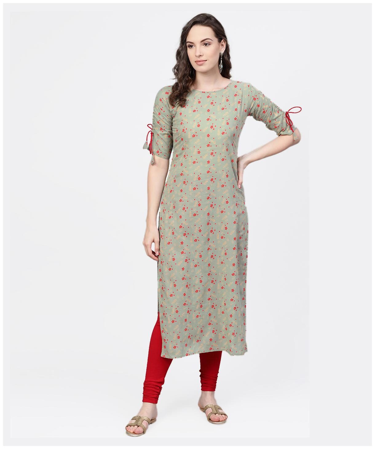 

AASI- HOUSE OF NAYO Women Green Floral Straight Kurta