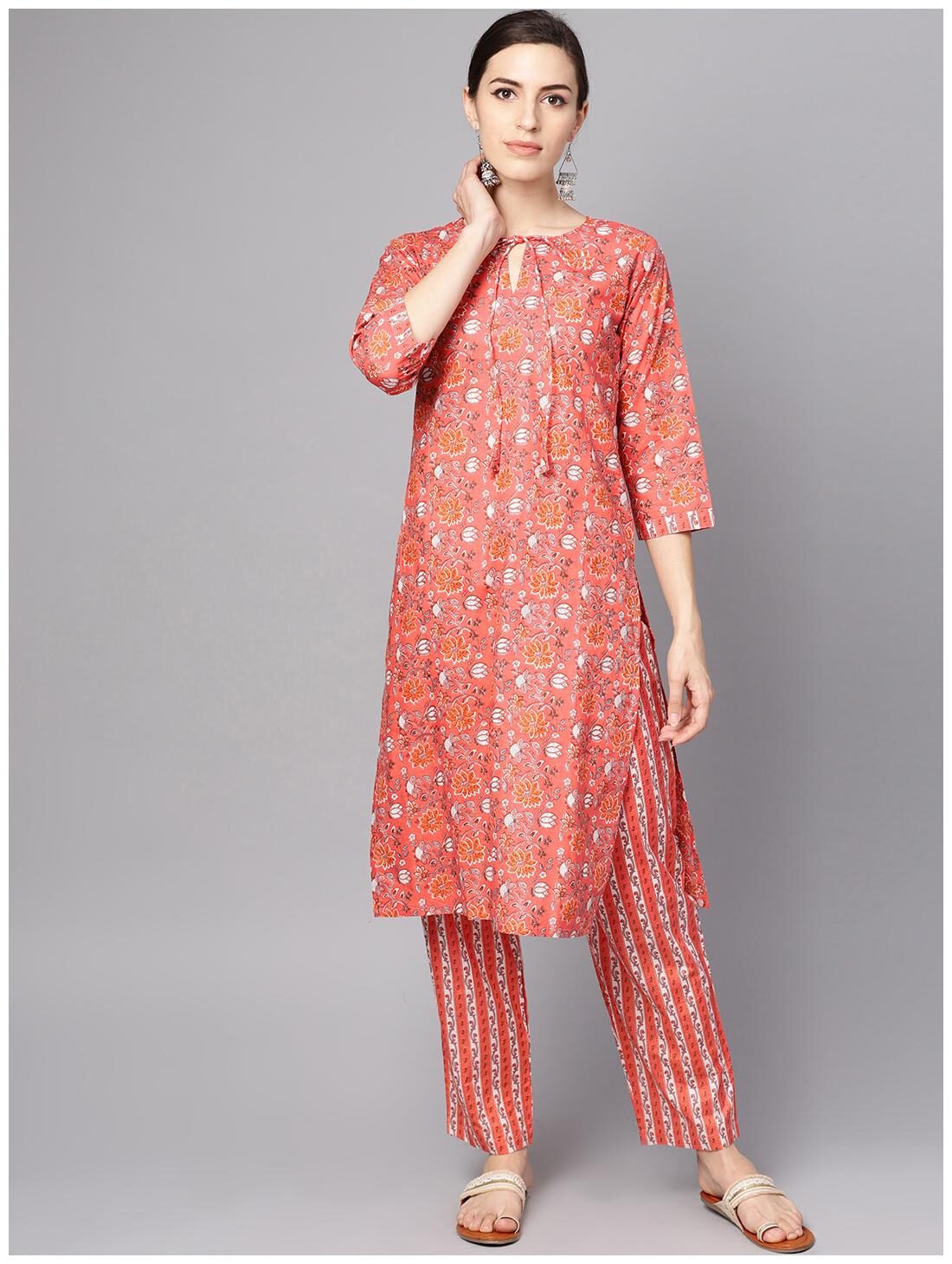 

AASI- HOUSE OF NAYO Women Pink Floral Straight Kurta With Palazzo