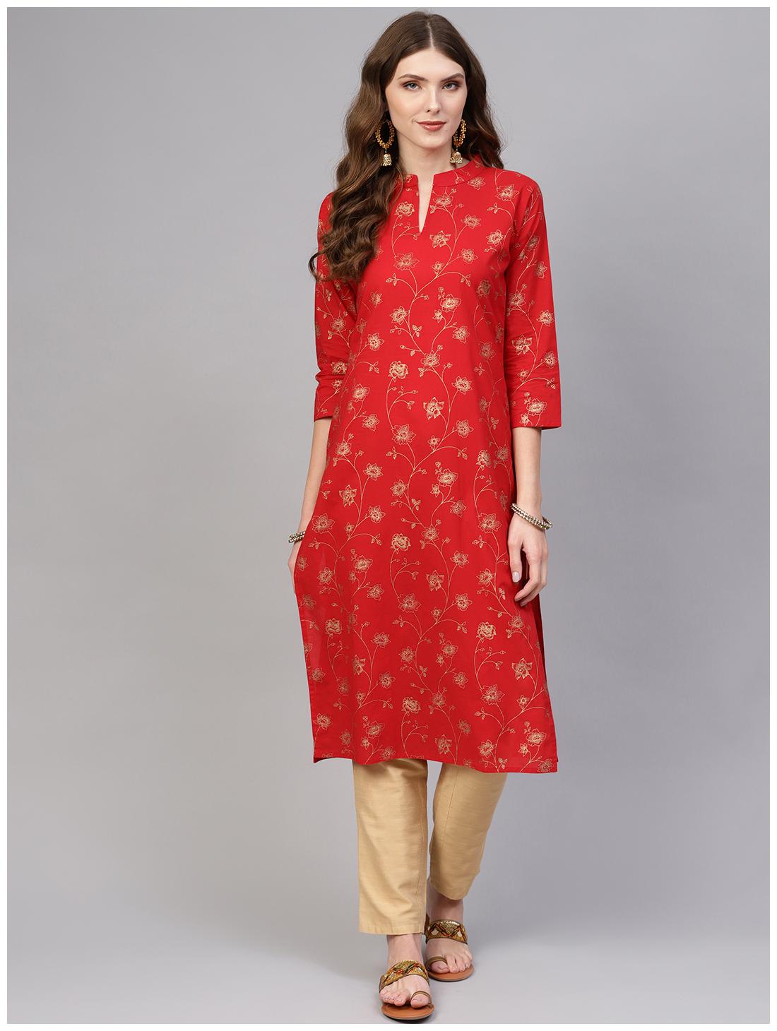 

AASI- HOUSE OF NAYO Women Red Floral Straight Kurta