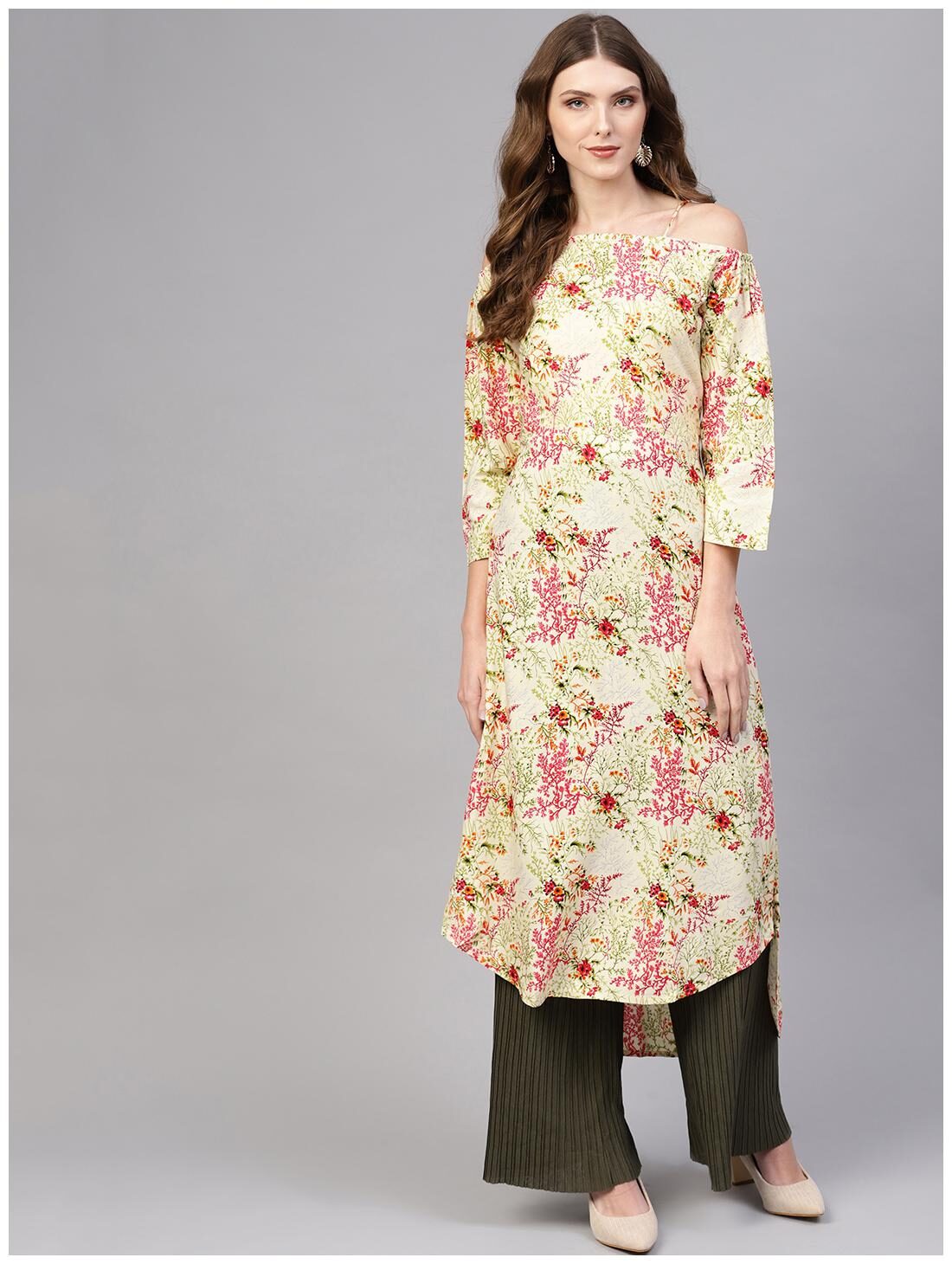 

AASI- HOUSE OF NAYO Women Beige Floral Assymetrical Kurta