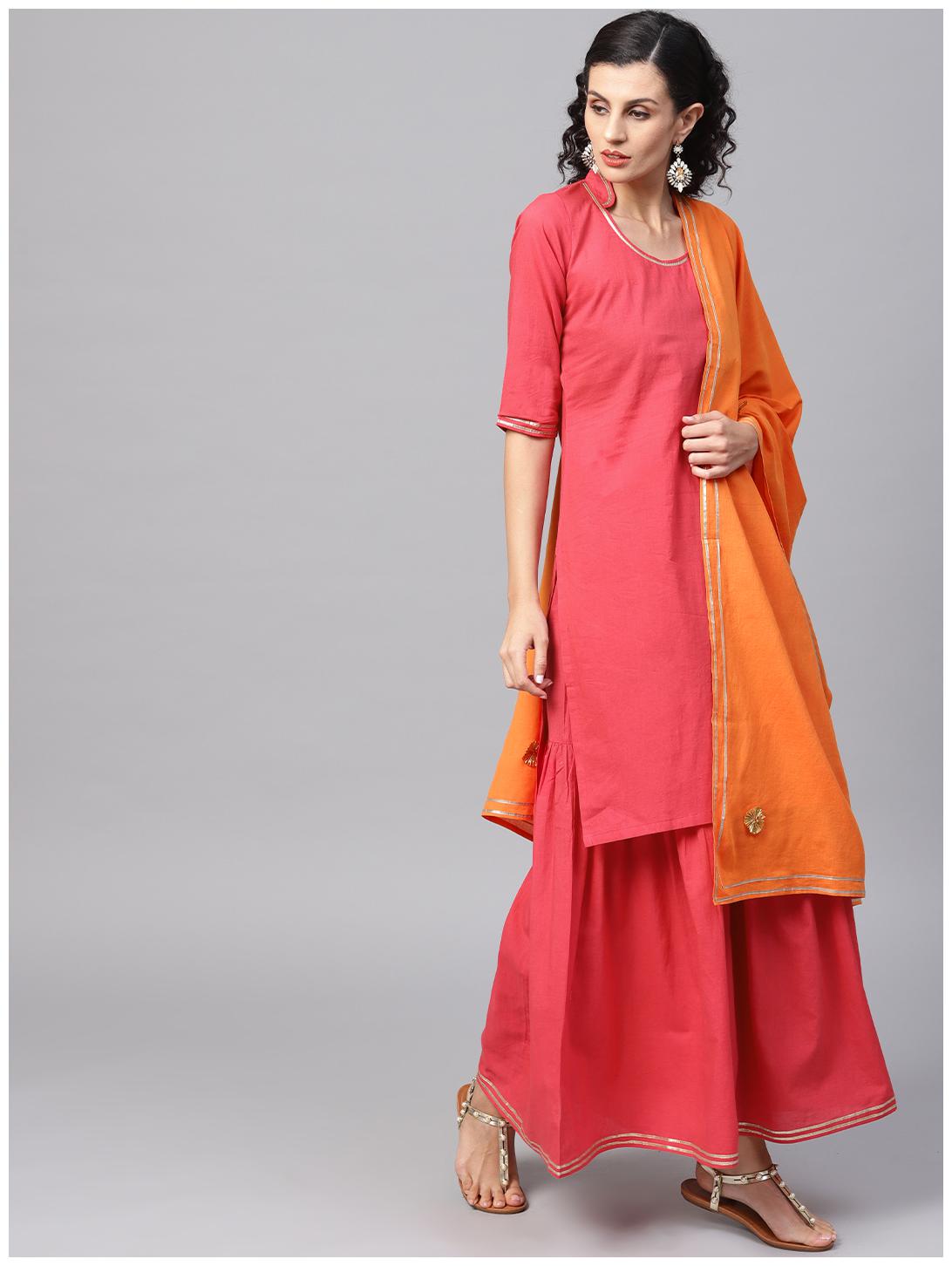 

AASI- HOUSE OF NAYO Women Red Solid Straight Kurta With Sharara And Dupatta