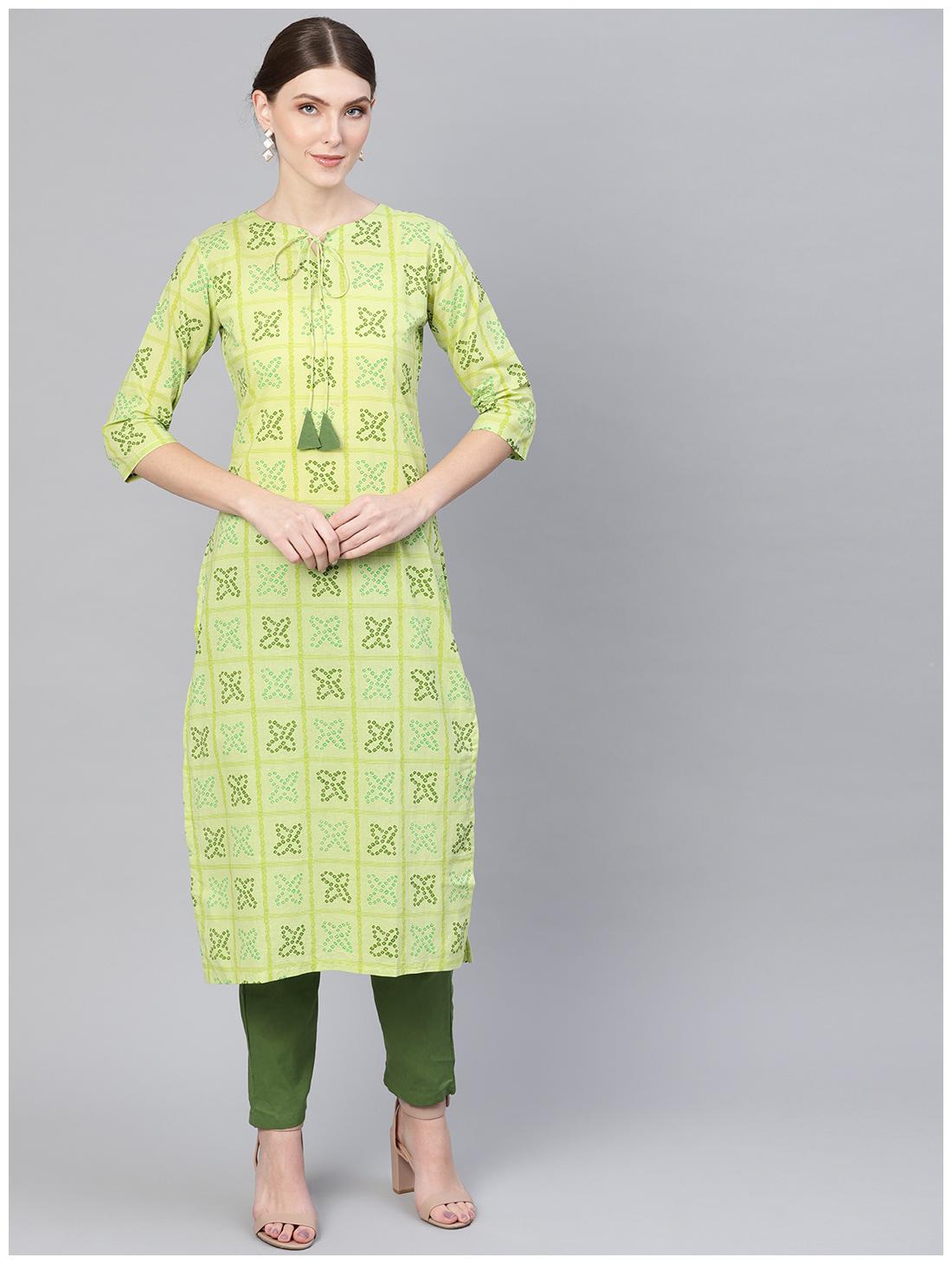 

AASI- HOUSE OF NAYO Women Green Printed Straight Kurta With Trousers