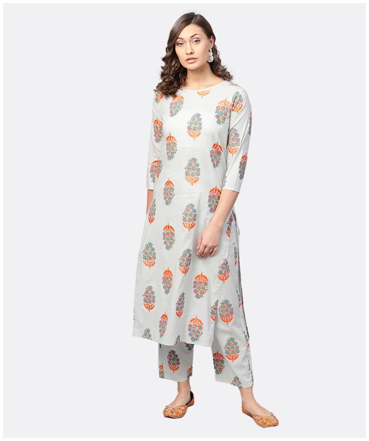 

AASI- HOUSE OF NAYO Women Grey Printed Straight Kurta With Trousers
