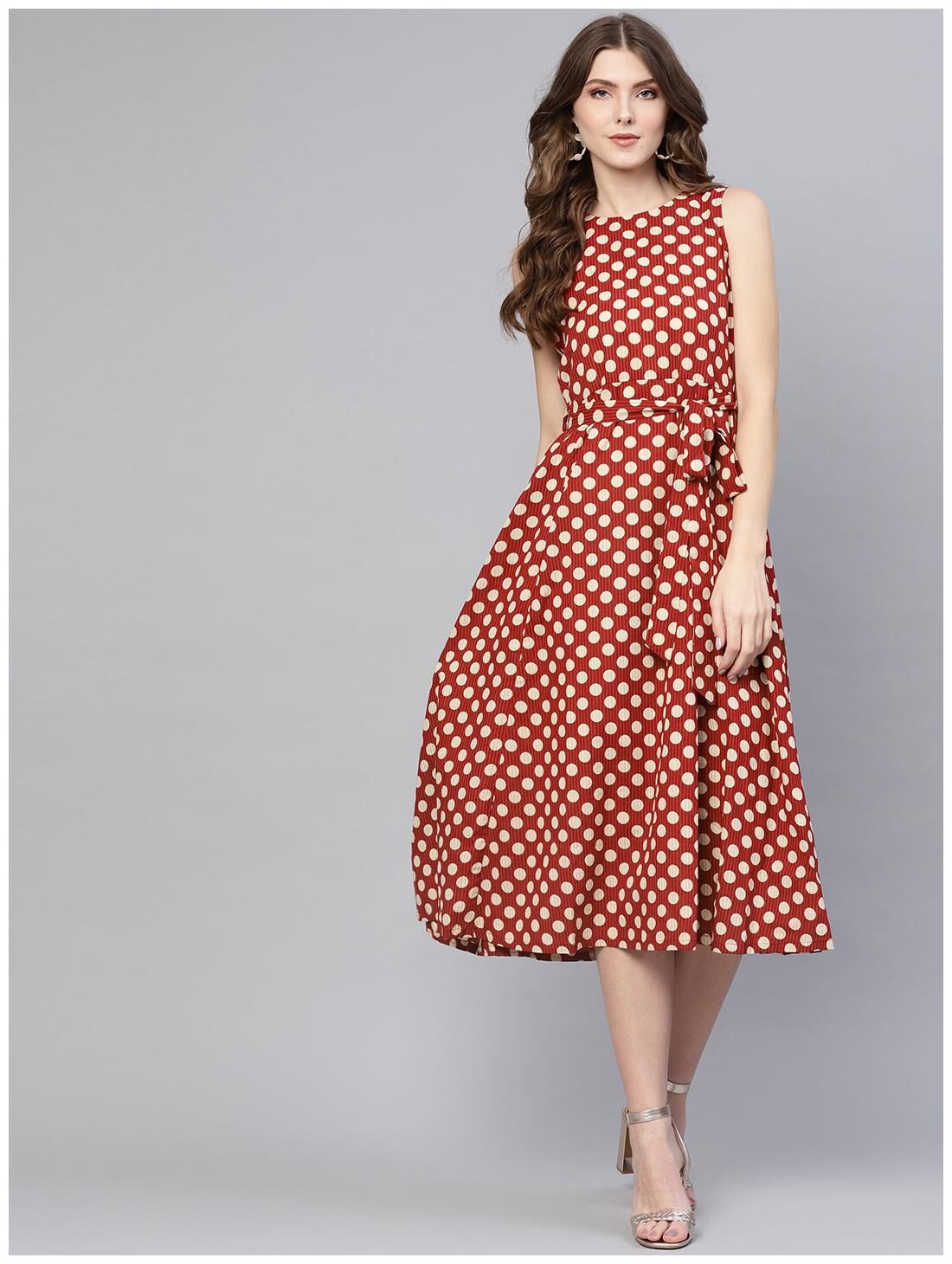 

AASI- HOUSE OF NAYO Maroon Polka dots A-line dress