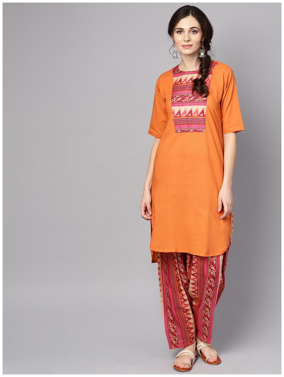

AASI- HOUSE OF NAYO Cotton Printed Straight Kurta With Palazzo - Red and orange