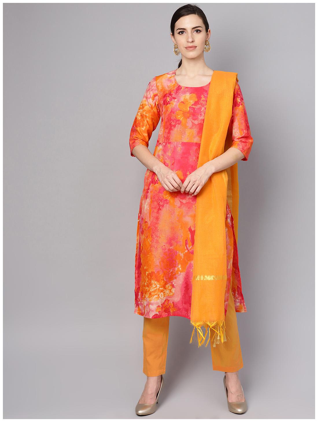 

AASI- HOUSE OF NAYO Women Orange Red Abstract Straight Kurta With Palazzo And Dupatta