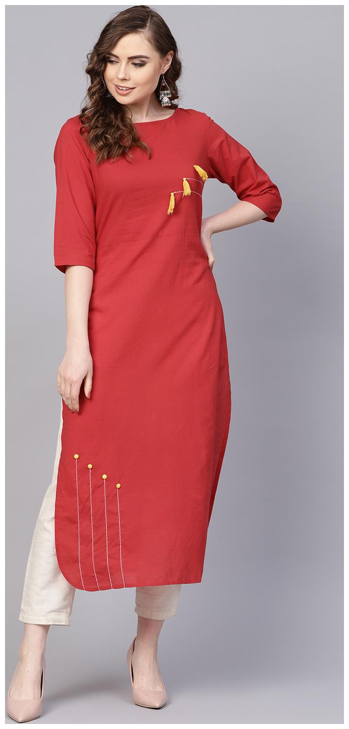 

AASI- HOUSE OF NAYO Women Red Solid Straight Kurta