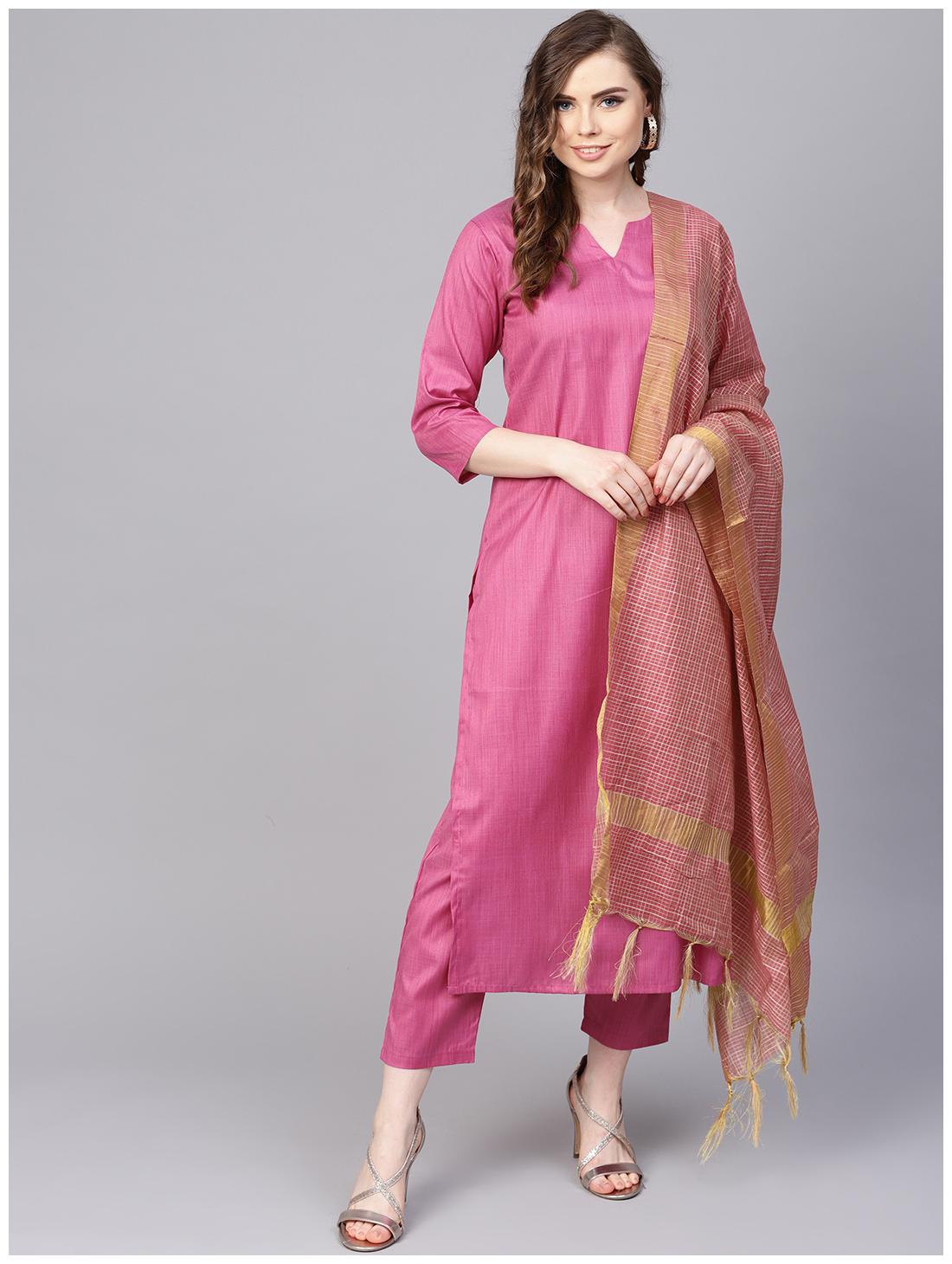 

AASI- HOUSE OF NAYO Women Pink Solid Straight Kurta With Pants And Dupatta