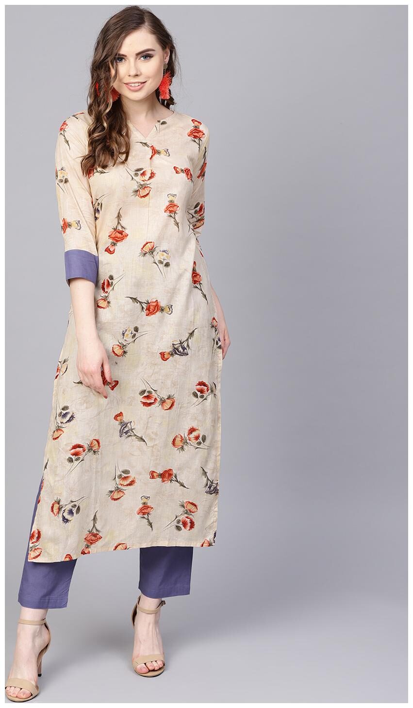 

AASI- HOUSE OF NAYO Women Beige Floral Straight Kurta With Pants