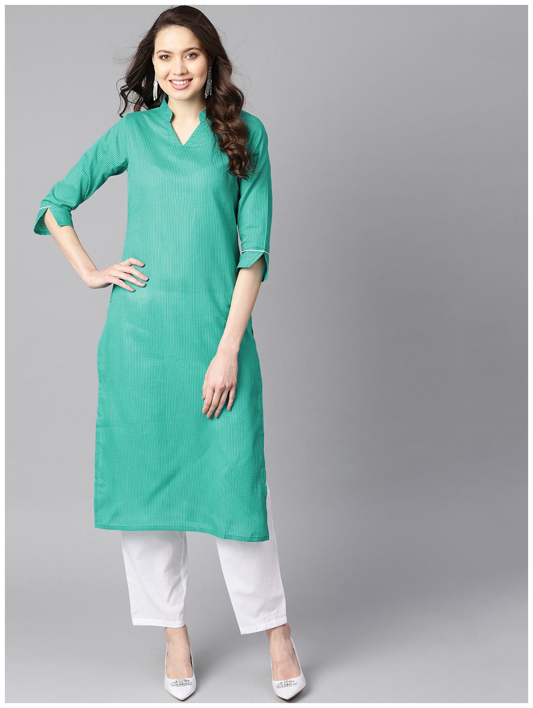 

AASI- HOUSE OF NAYO Women Green White Solid Straight Kurta With Trousers
