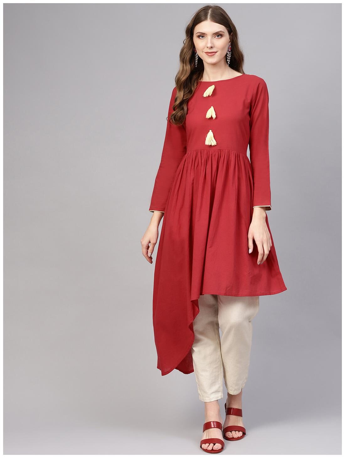 

AASI- HOUSE OF NAYO Women Cotton Solid Maroon Kurta