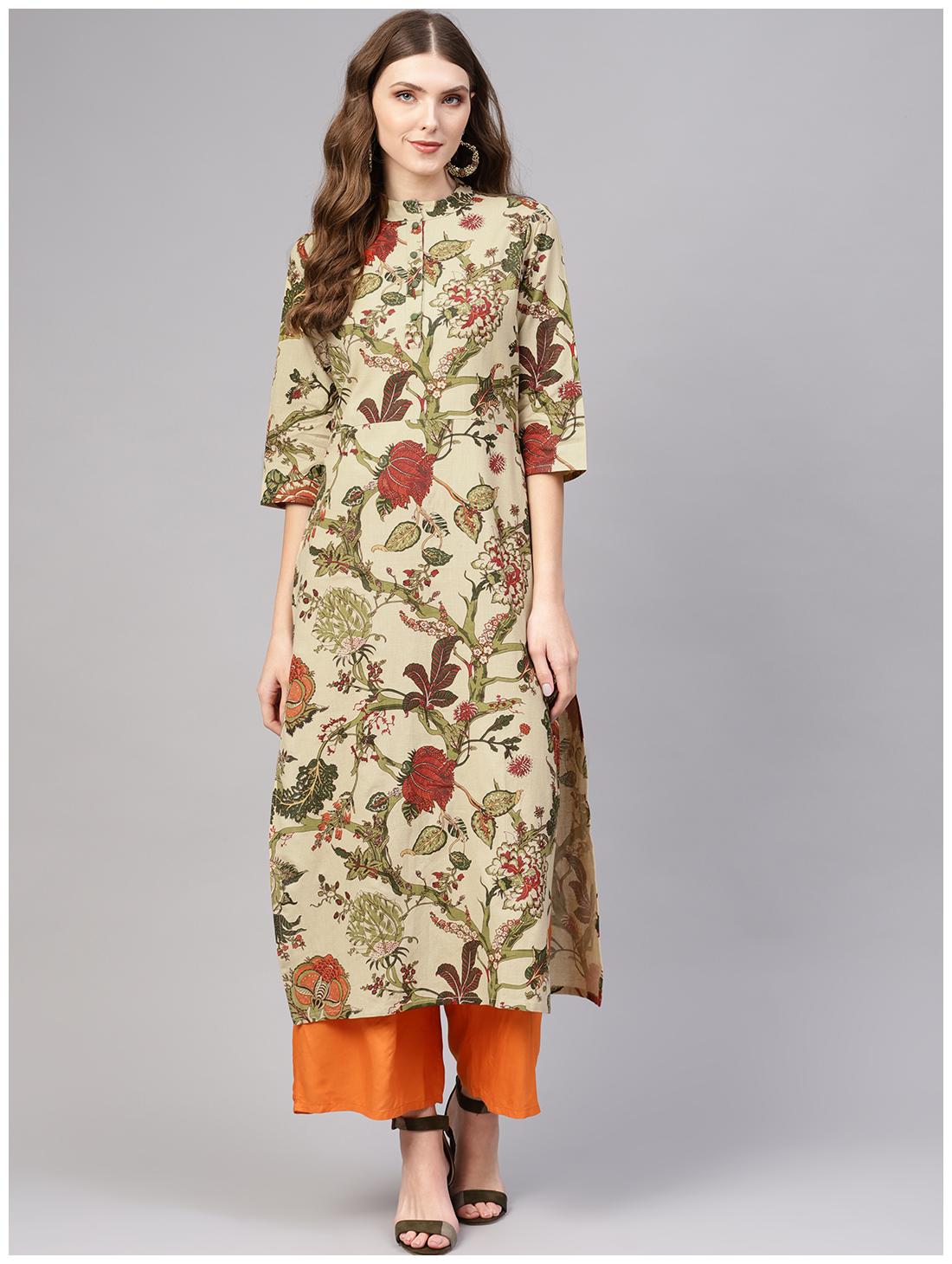 

AASI- HOUSE OF NAYO Women Beige Floral Straight Kurta