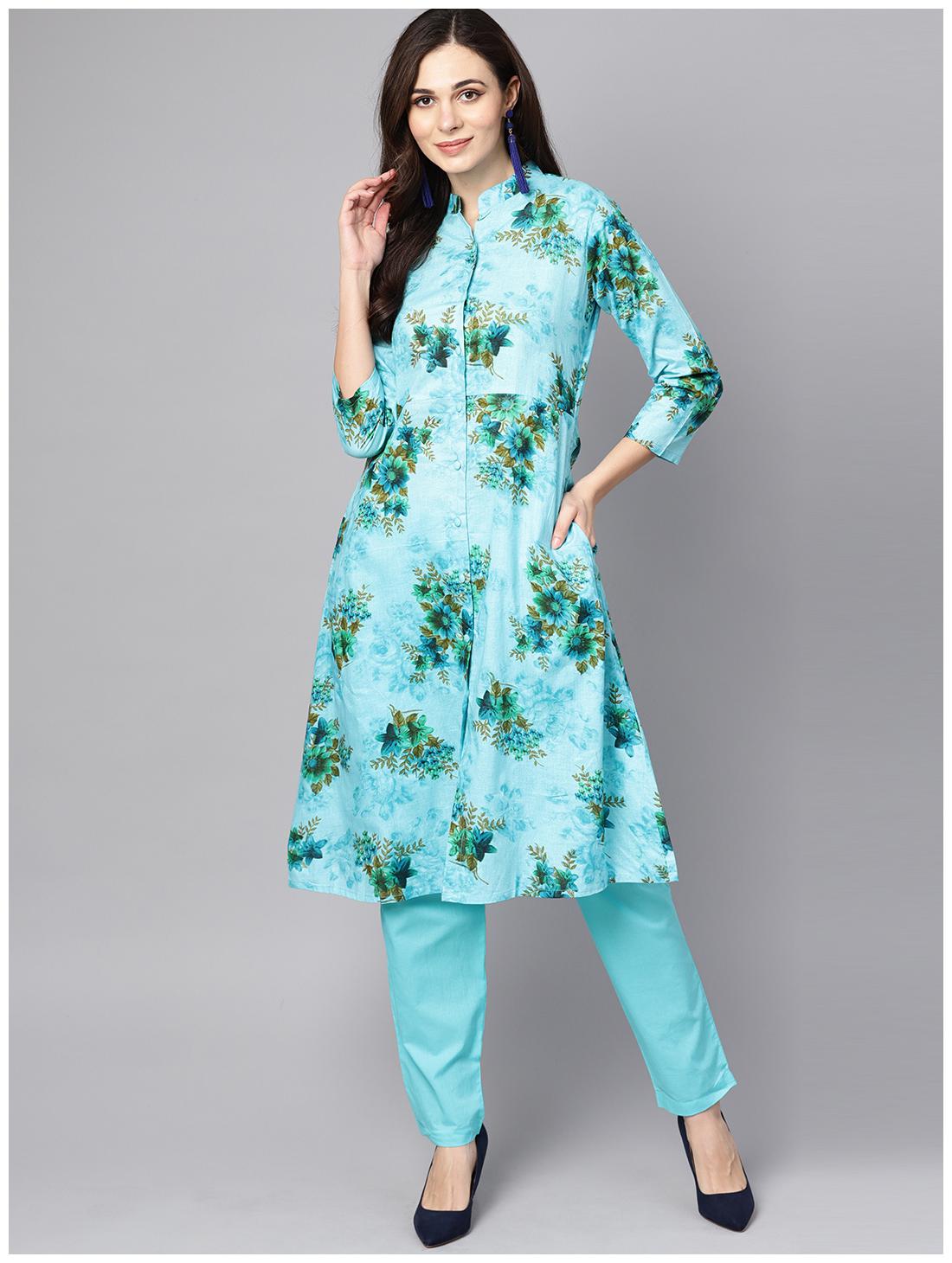 

AASI- HOUSE OF NAYO Women Turquoise Floral Anarkali Kurta With Pants