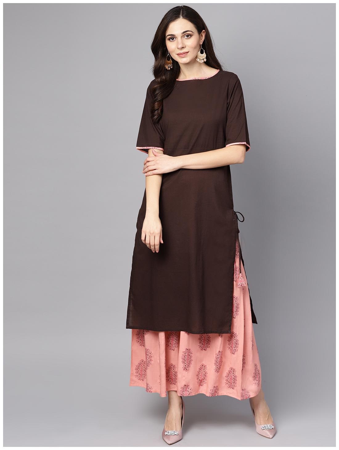

AASI- HOUSE OF NAYO Women Brown Pink Solid Anarkali Kurta With Sharara
