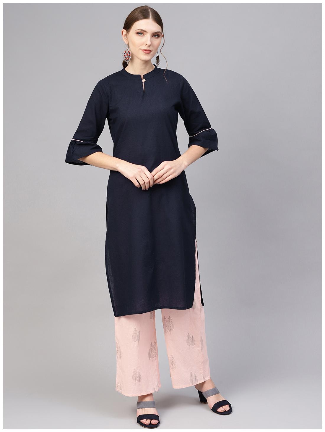 

AASI- HOUSE OF NAYO Women Navy Blue Solid Straight Kurta With Palazzo