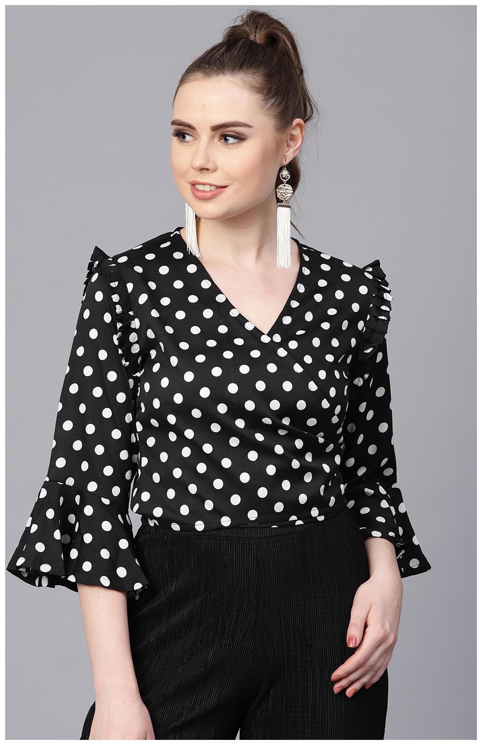 

AASI- HOUSE OF NAYO Black Polka dots top with Detailed Sleeves V-neck