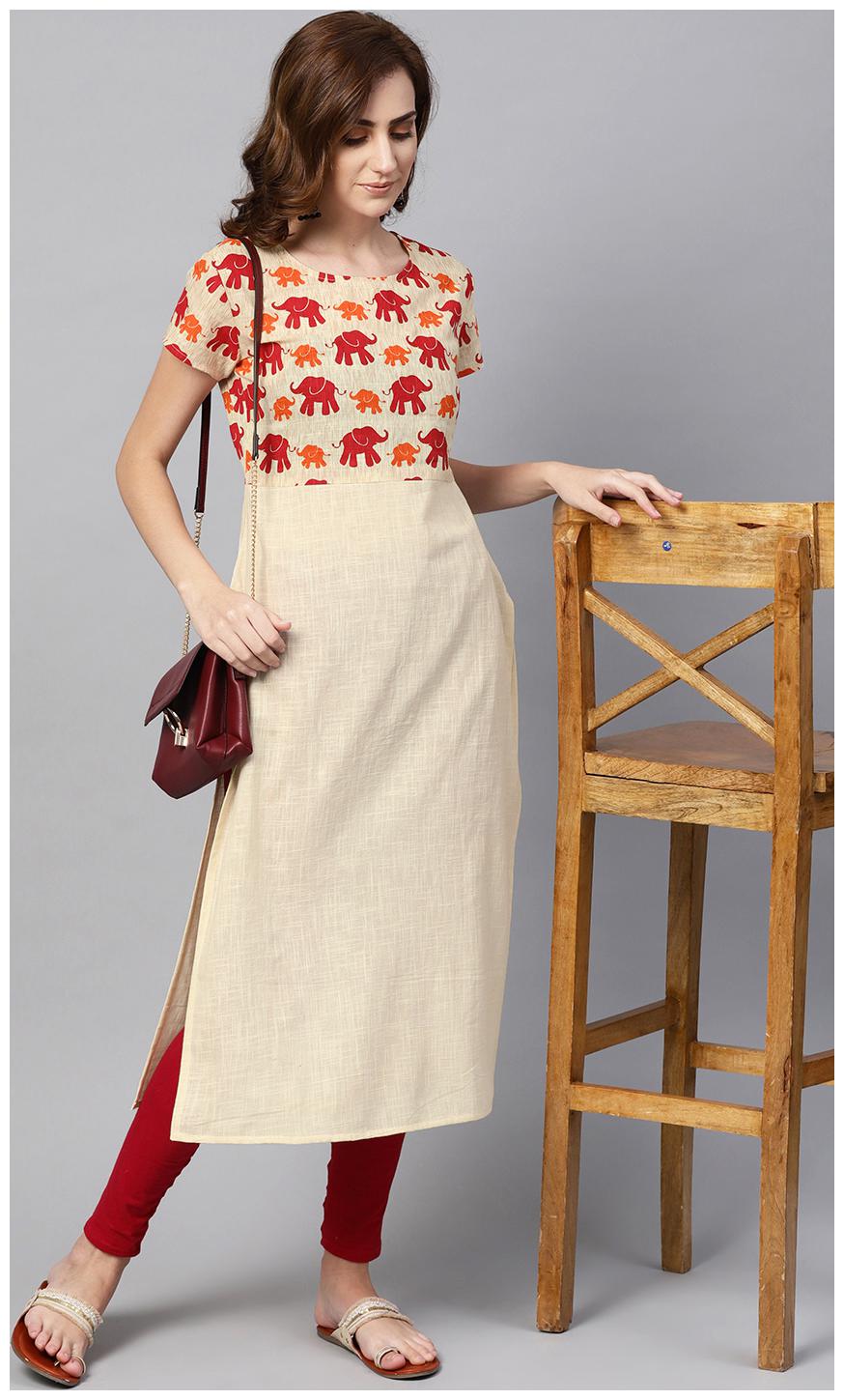 

AASI- HOUSE OF NAYO Women Beige Printed Straight Kurta