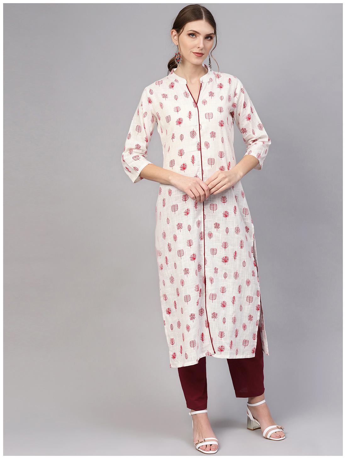 

AASI- HOUSE OF NAYO Women White Printed Straight Kurta With Trousers