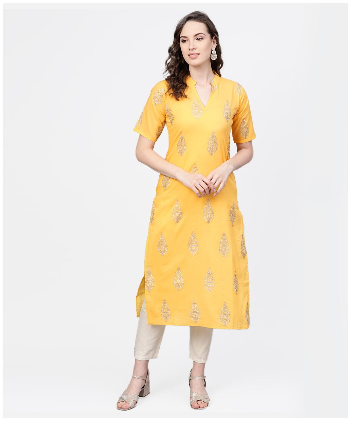 

AASI- HOUSE OF NAYO Women Yellow Printed Straight Kurta