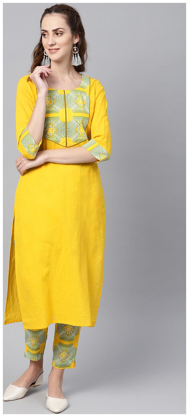 

AASI- HOUSE OF NAYO Women Yellow Solid Straight Kurta With Pants