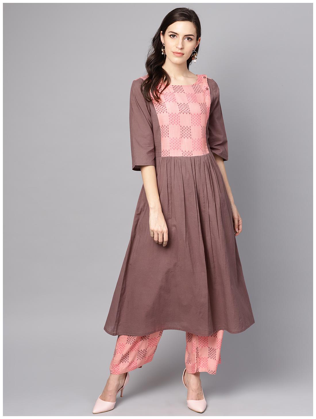 

AASI- HOUSE OF NAYO Women Brown Pink Solid Straight Kurta With Palazzo