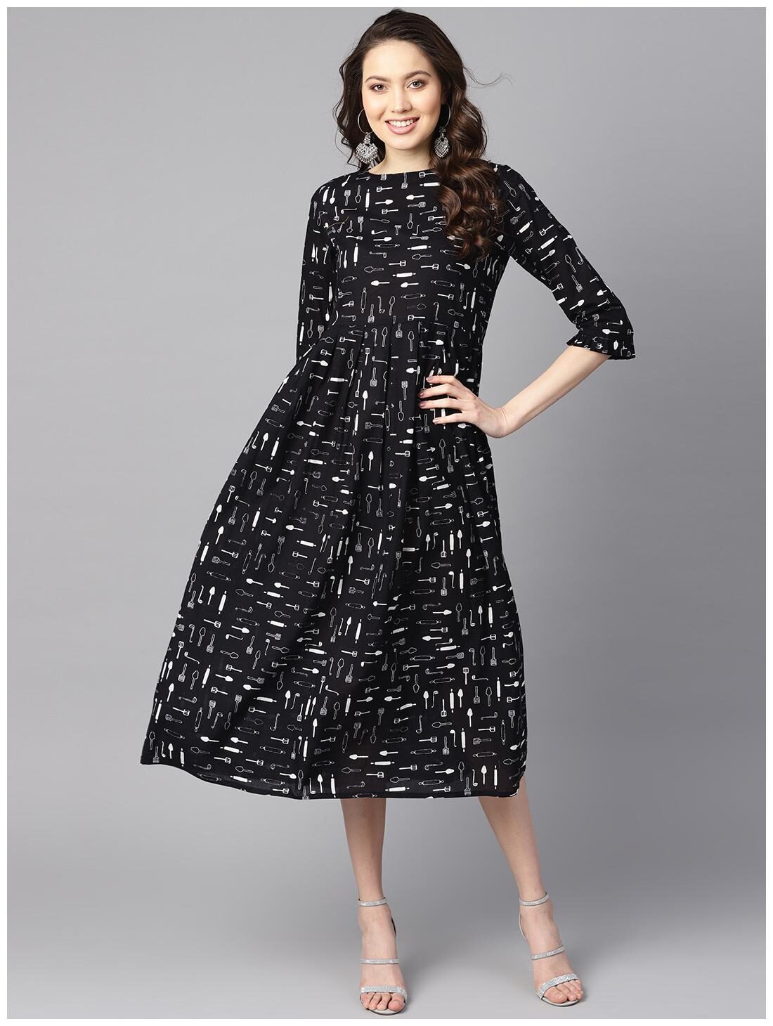 

AASI- HOUSE OF NAYO Cotton Printed Anarkali Kurti Dress- Black
