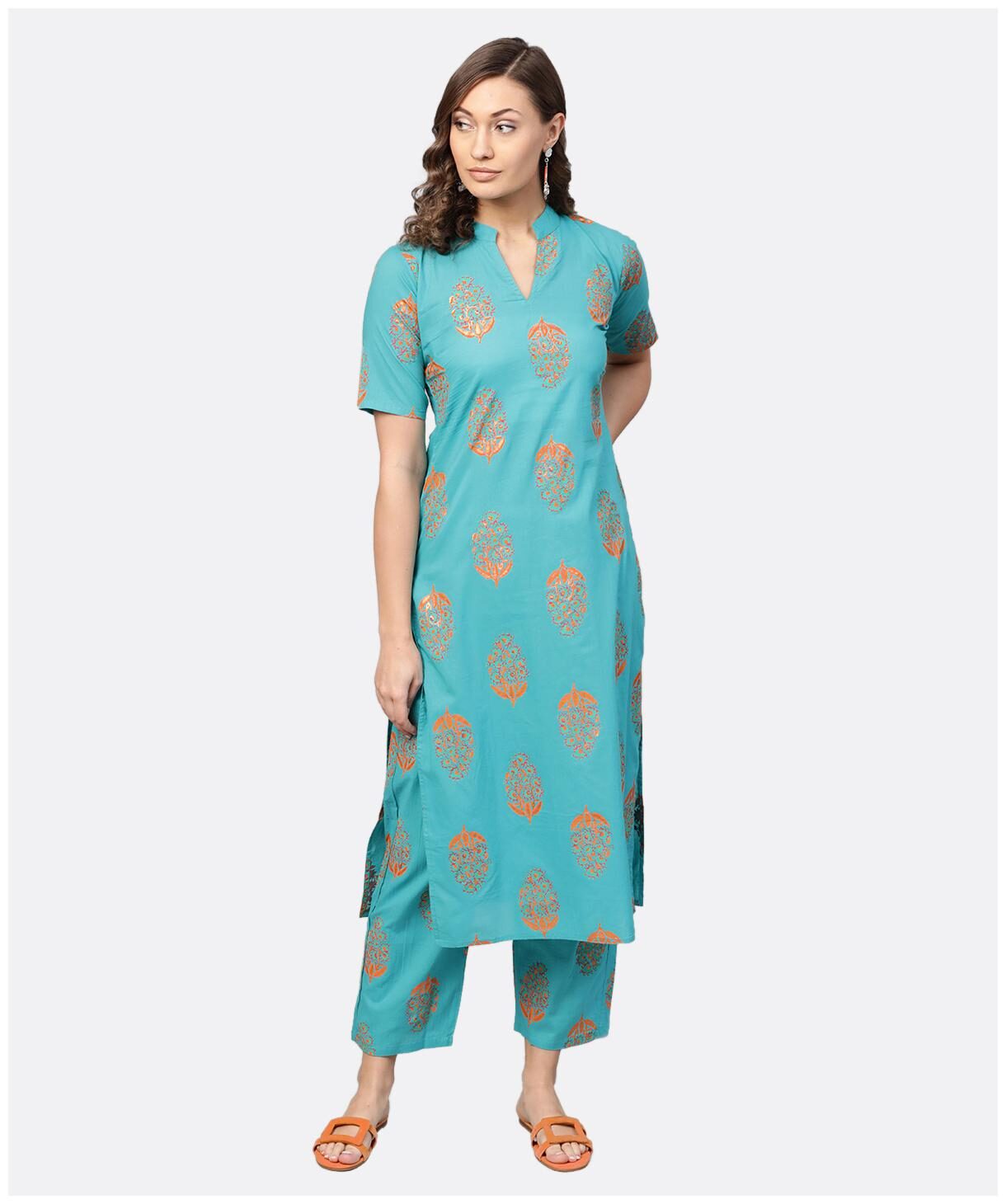 

AASI- HOUSE OF NAYO Women Blue Printed Straight Kurta With Trousers