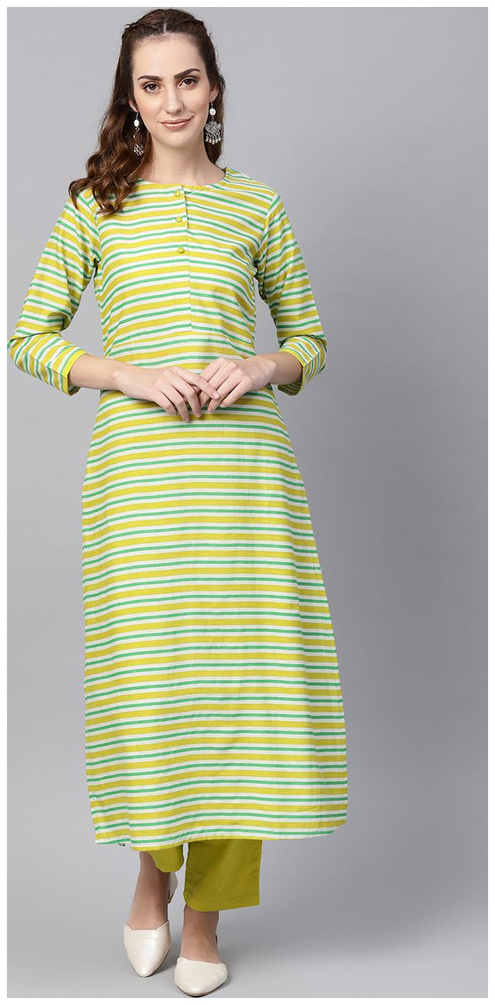 

AASI- HOUSE OF NAYO Women Green Striped Straight Kurta With Trousers
