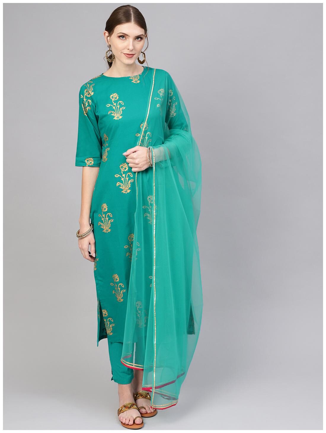 

AASI- HOUSE OF NAYO Women Green Floral Straight Kurta With Trousers And Dupatta