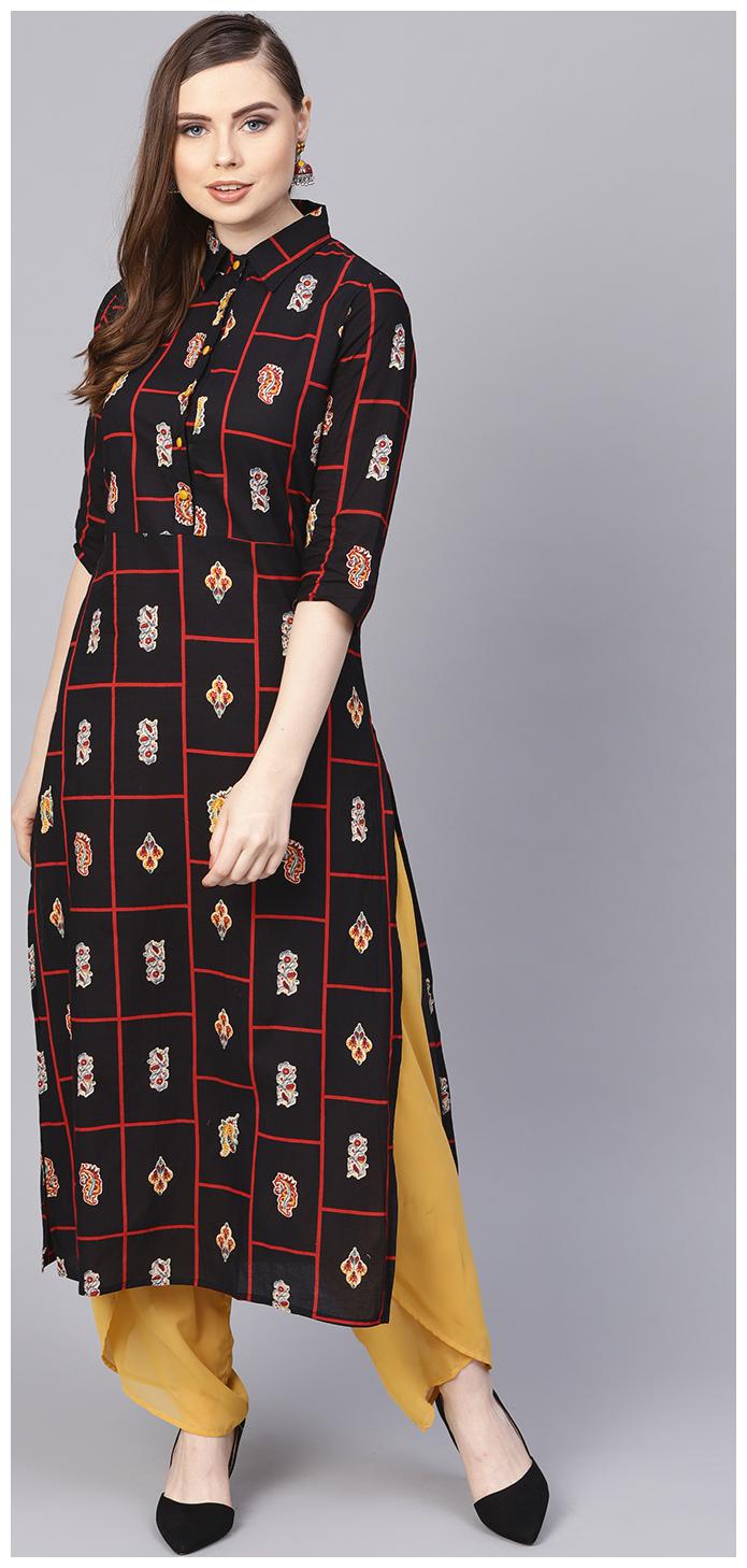 

AASI- HOUSE OF NAYO Women Black Printed Straight Kurta