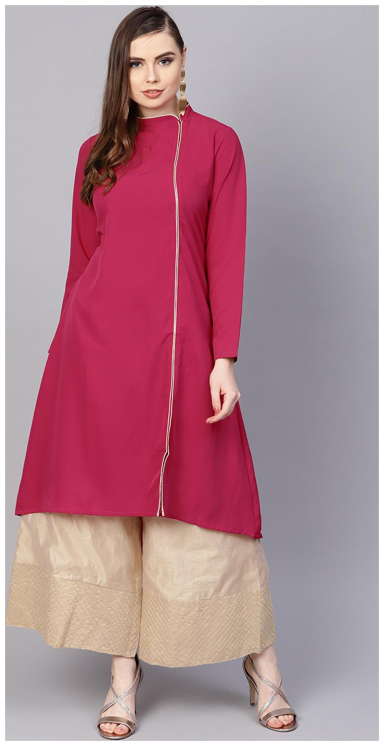 

AASI- HOUSE OF NAYO Solid Pink Kurta With Side Slit roll Colllar