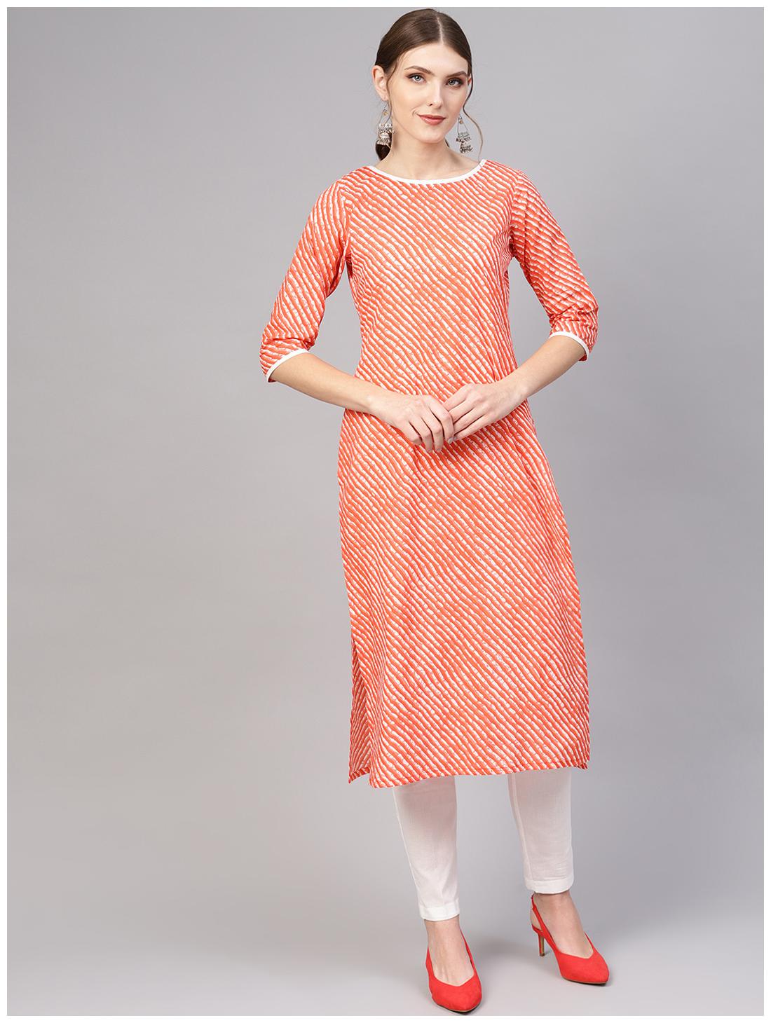 

AASI- HOUSE OF NAYO Women Orange Striped Straight Kurta With Pants