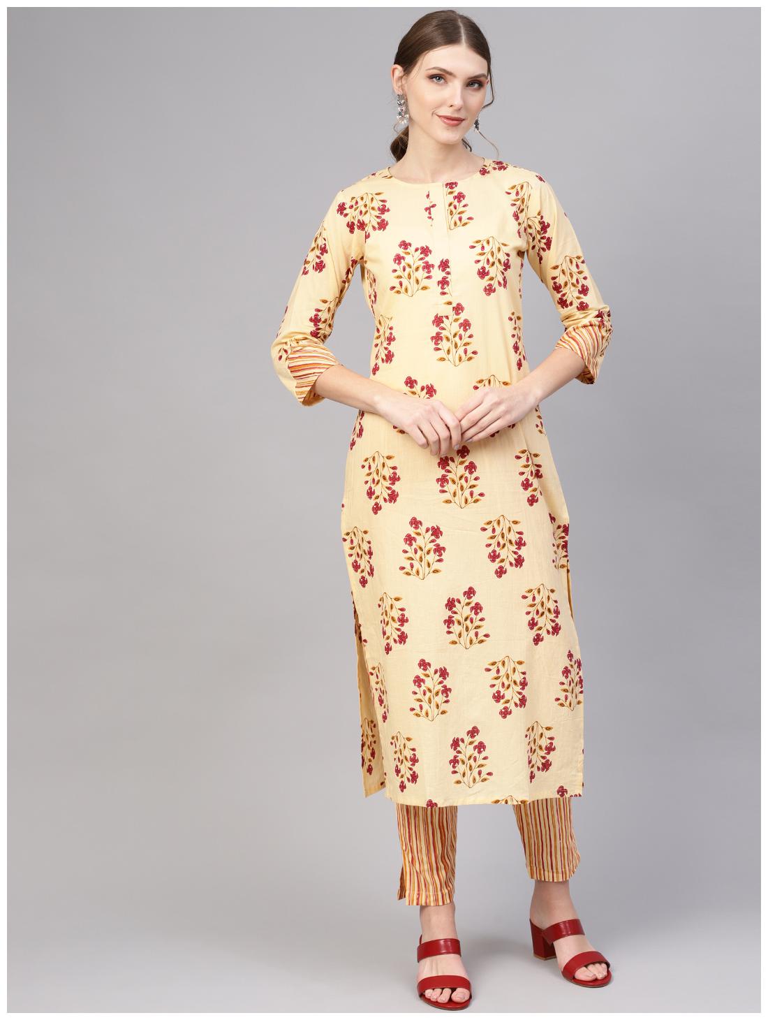 

AASI- HOUSE OF NAYO Women Cream Floral Straight Kurta With Trousers
