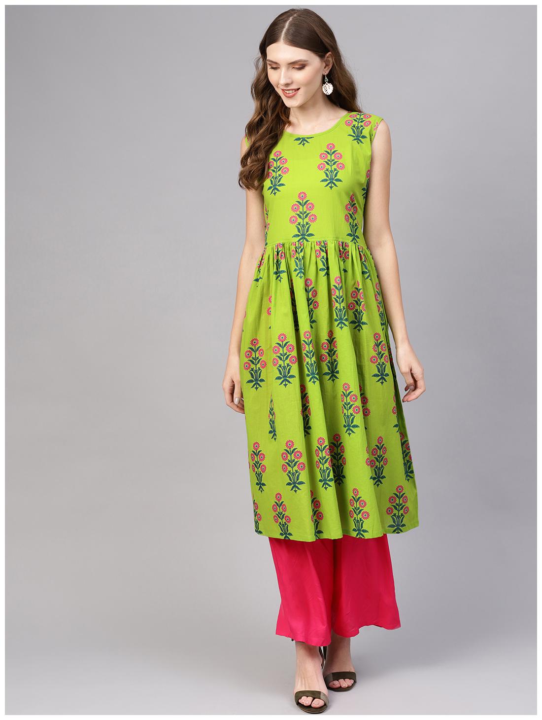 

AASI- HOUSE OF NAYO Women Cotton A Line Kurta -Green