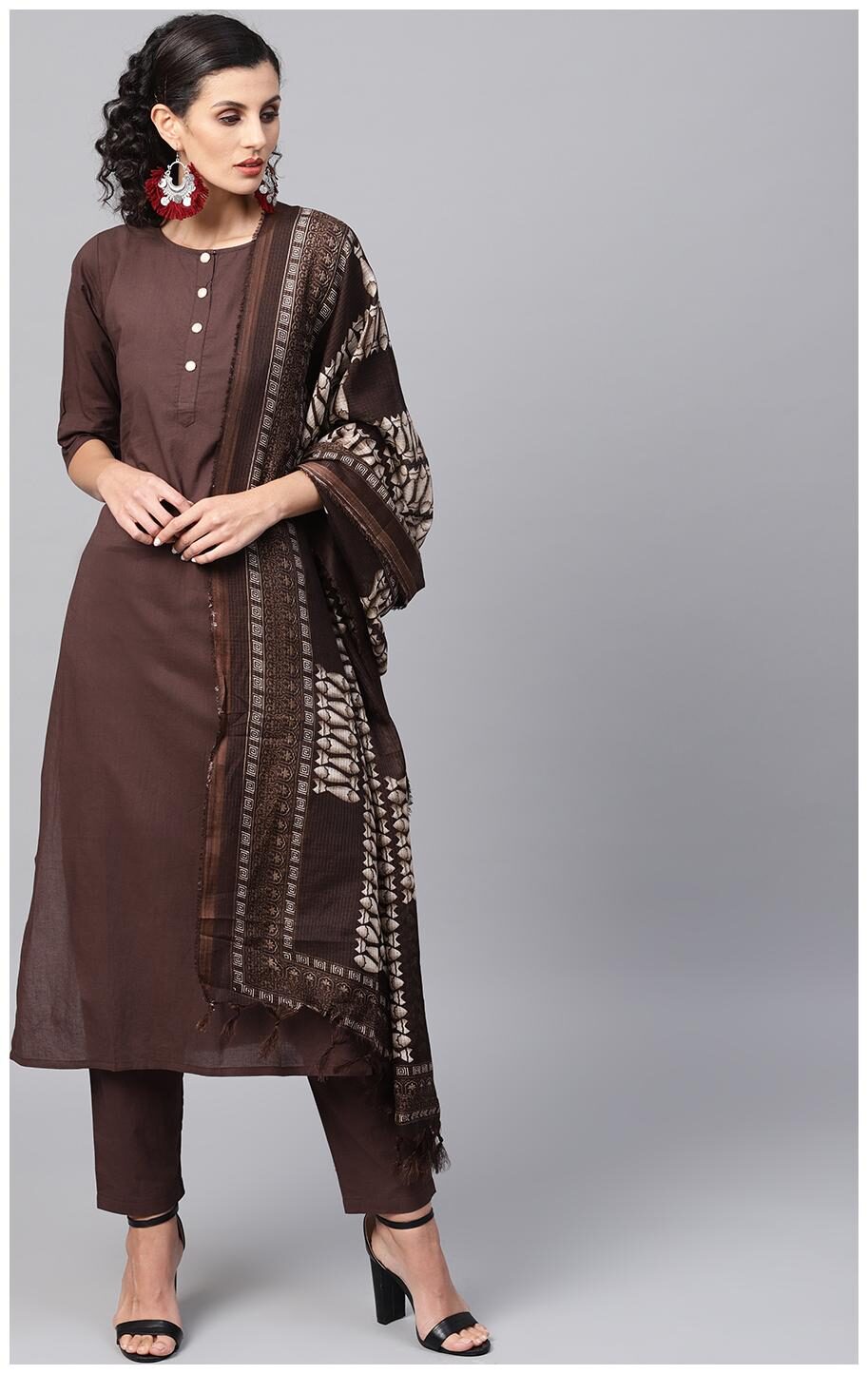 

AASI- HOUSE OF NAYO Women Brown Solid Straight Kurta With Palazzo And Dupatta