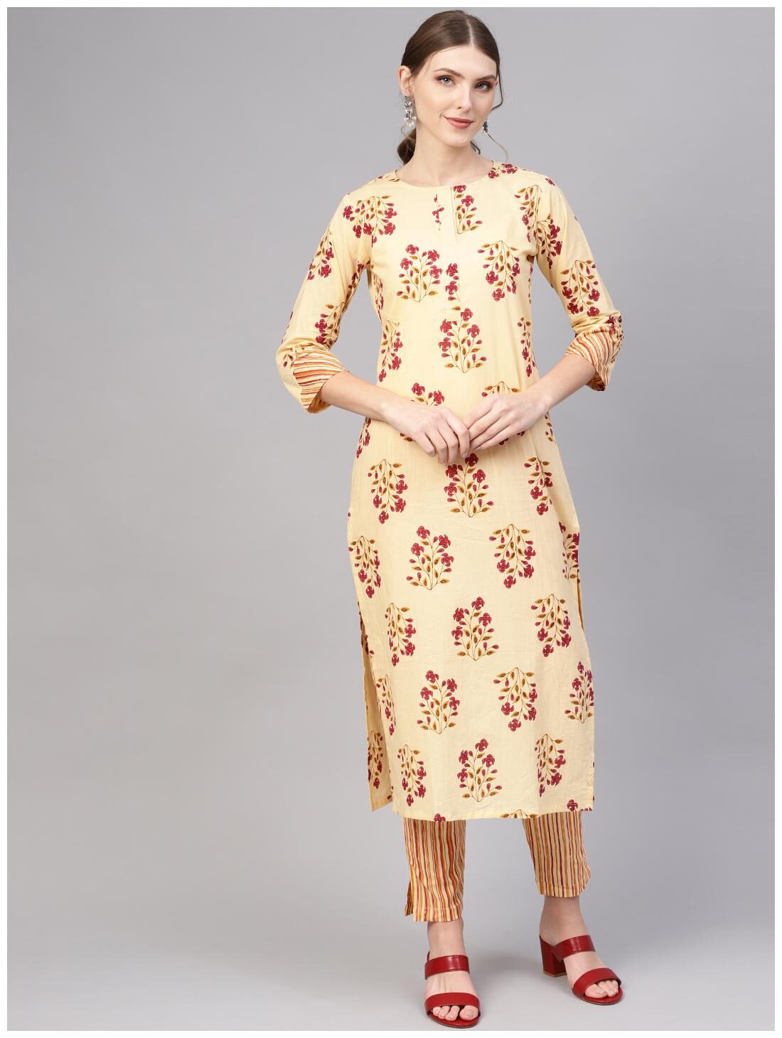 

AASI- HOUSE OF NAYO Women Cream Floral Straight Kurta With Trousers