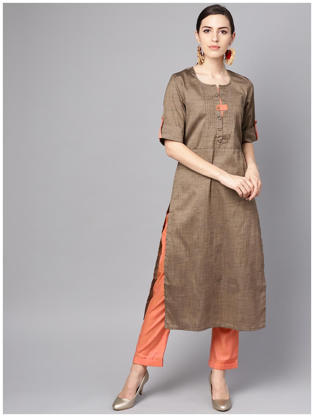 

AASI- HOUSE OF NAYO Women Brown Peach Solid Straight Kurta With Palazzo