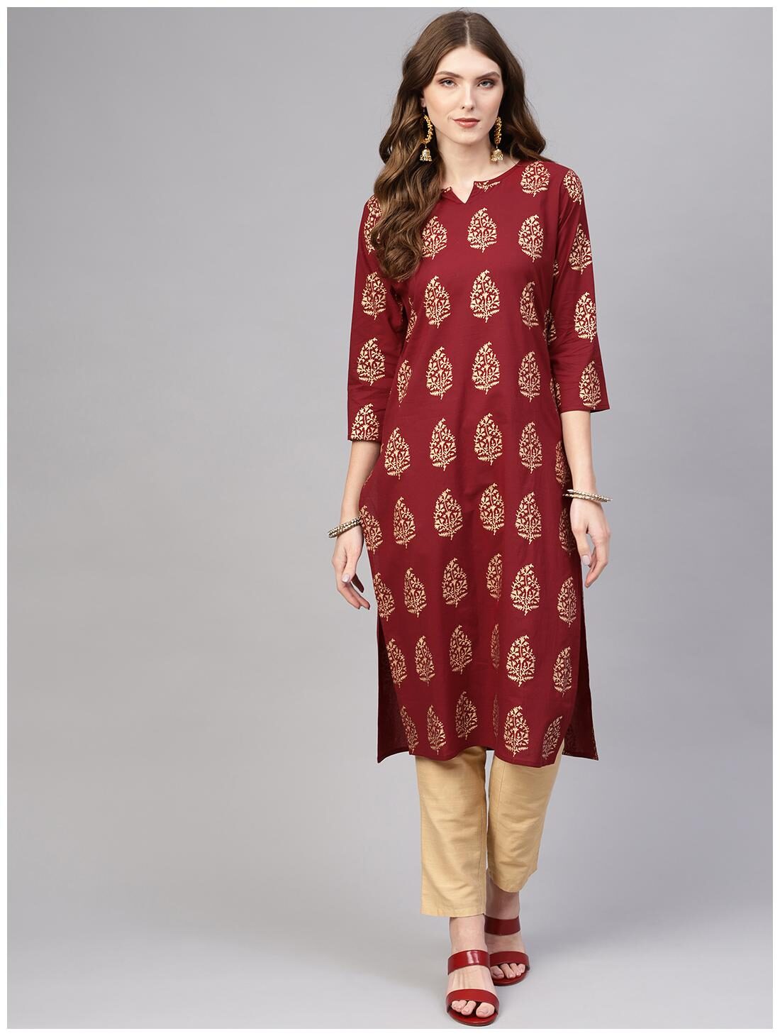 

AASI- HOUSE OF NAYO Women Maroon Printed Straight Kurta