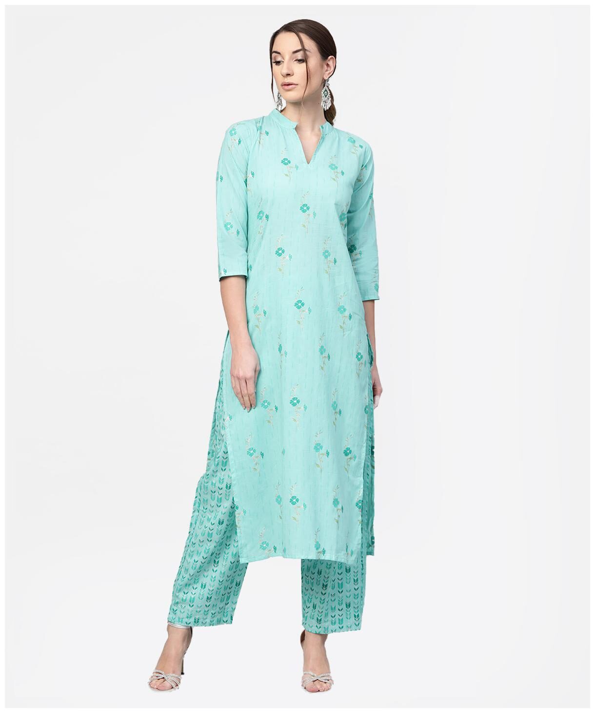 

AASI- HOUSE OF NAYO Women Turquoise Floral Straight Kurta With Trousers