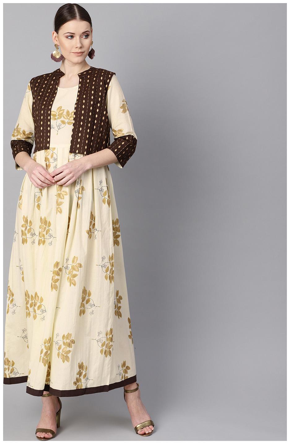 

AASI- HOUSE OF NAYO Cotton Floral Anarkali Kurta with Jacket- Cream Brown