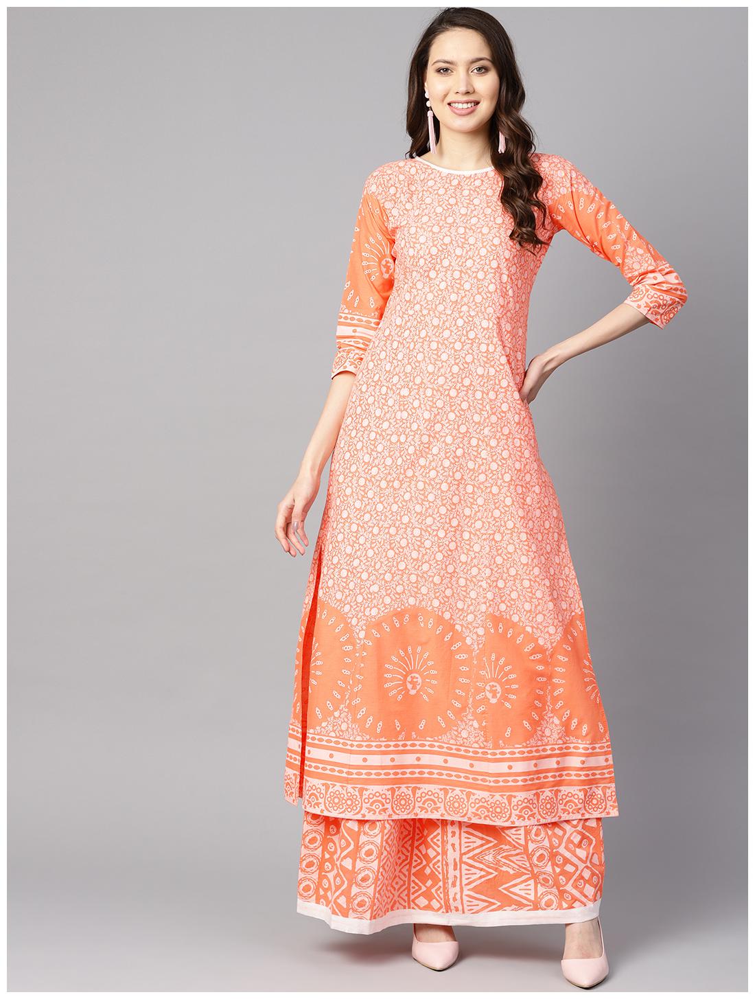 

AASI- HOUSE OF NAYO Cotton Printed Flared Kurta With Skirt - Peach