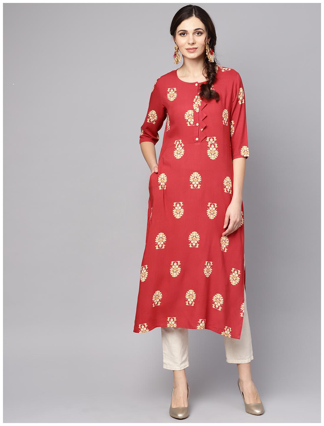 

AASI- HOUSE OF NAYO Women Red Printed Straight Kurta